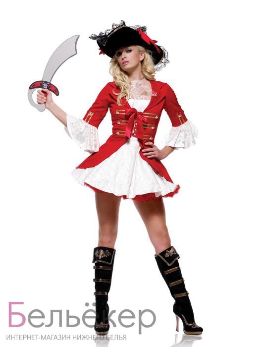 Костюм пирата Мисс Флинт Посмотрите на этот карнавальный костюм пирата «Мисс Флинт». Шикарное белое платье с пышными оборками на рукавах, красный камзол с отделкой золотистым кантом создают яркий и характерный образ.